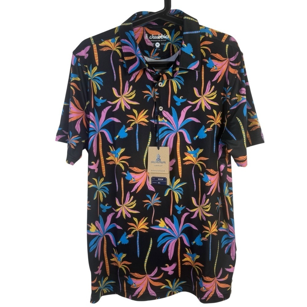 Chubbies Black Light Night Performance Polo Size Medium NWT Palm Trees Black‎